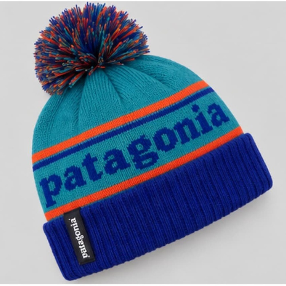 Patagonia Powder Town Beanie Teal Blue Red Orange Pom Pom Knit Hat 29187